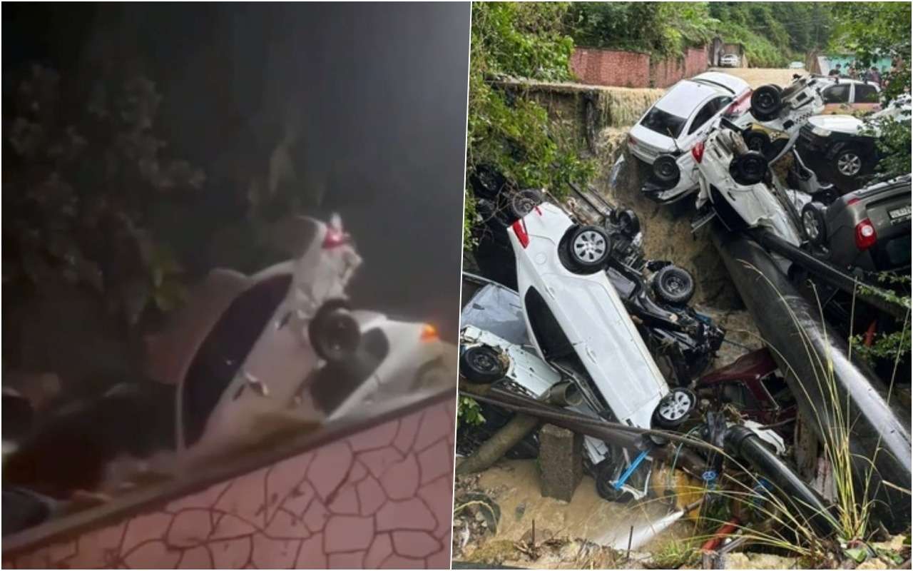 Смытые ливнем автомобили образовали завал (видео)