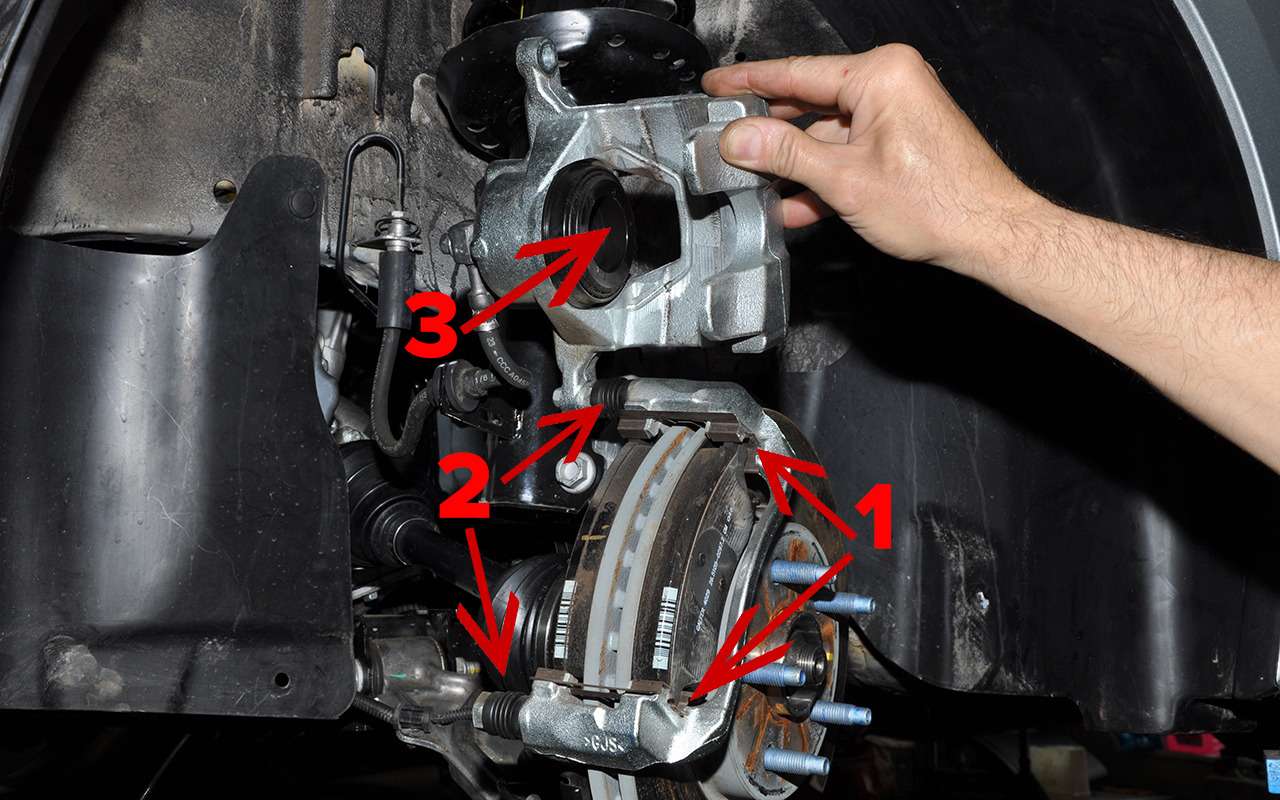 1. Тормозные колодки не должны подклинивать в направляющих. 2. Пальцы должны свободно перемещаться. 3. Поршень не должен быть заклинен в цилиндре.