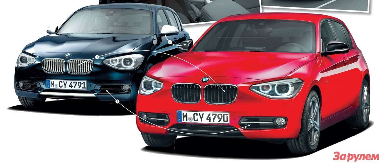 Внешние отличия между версиями Urban Line и Sport Line сводятся к цвету и количеству пластин в «ноздрях» фальшрадиаторной решетки (1), оформлению воздухозаборников в бампере (2), отделке (хромированная или черная) корпусов боковых зеркал (3)