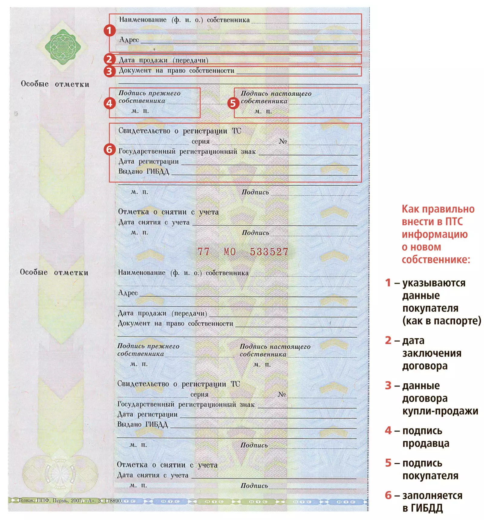 Образец заполнения птс при покупке автомобиля по договору купли