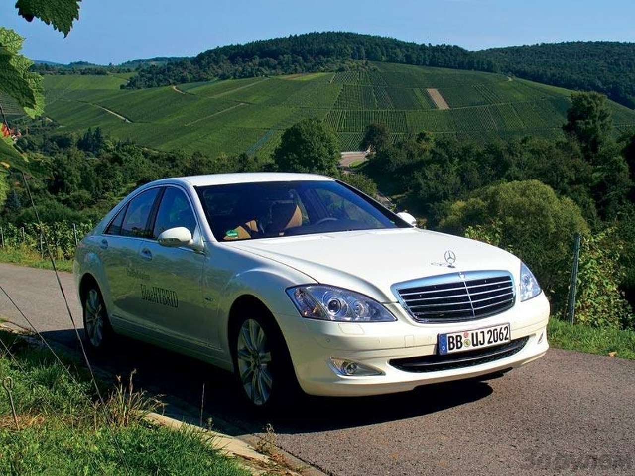 Зеленым технологиям – зеленое обрамление. Среди виноградников белый «Мерседес» выглядит вполне органично.