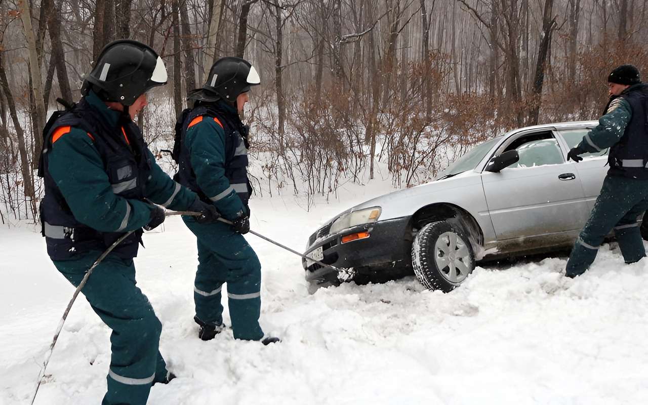 Спасатели достают машину из кювета