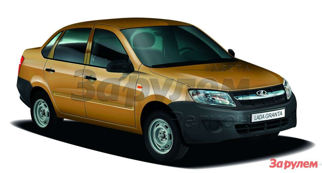 Lada Granta - комплектация Standart (предположительно). Все-таки чувствуется влияние на вазовцев партнеров из концерна Renault-Nissan! По образу и подобию «Логана» часть кузовных деталей самой бюджетной модификации окрашиваться не будет. В списке оба бампера, дверные ручки и наружные зеркала заднего вида. Облицовка радиатора останется черной на всех версиях. Под вопросом только хромированная планка, протянувшаяся от одной фары до другой. Возможно, у недорогих вариантов она тоже останется черной. На бюджетных вариантах шины будут монтироваться на четырнадцатидюймовые штампованные диски. На рисунке периферические отверстия в них имеют овальную форму, но в действительности они, вероятнее всего, будут круглыми. Топ-версии же, естественно, станут комплектоваться исключительно легкосплавными дисками колес.
