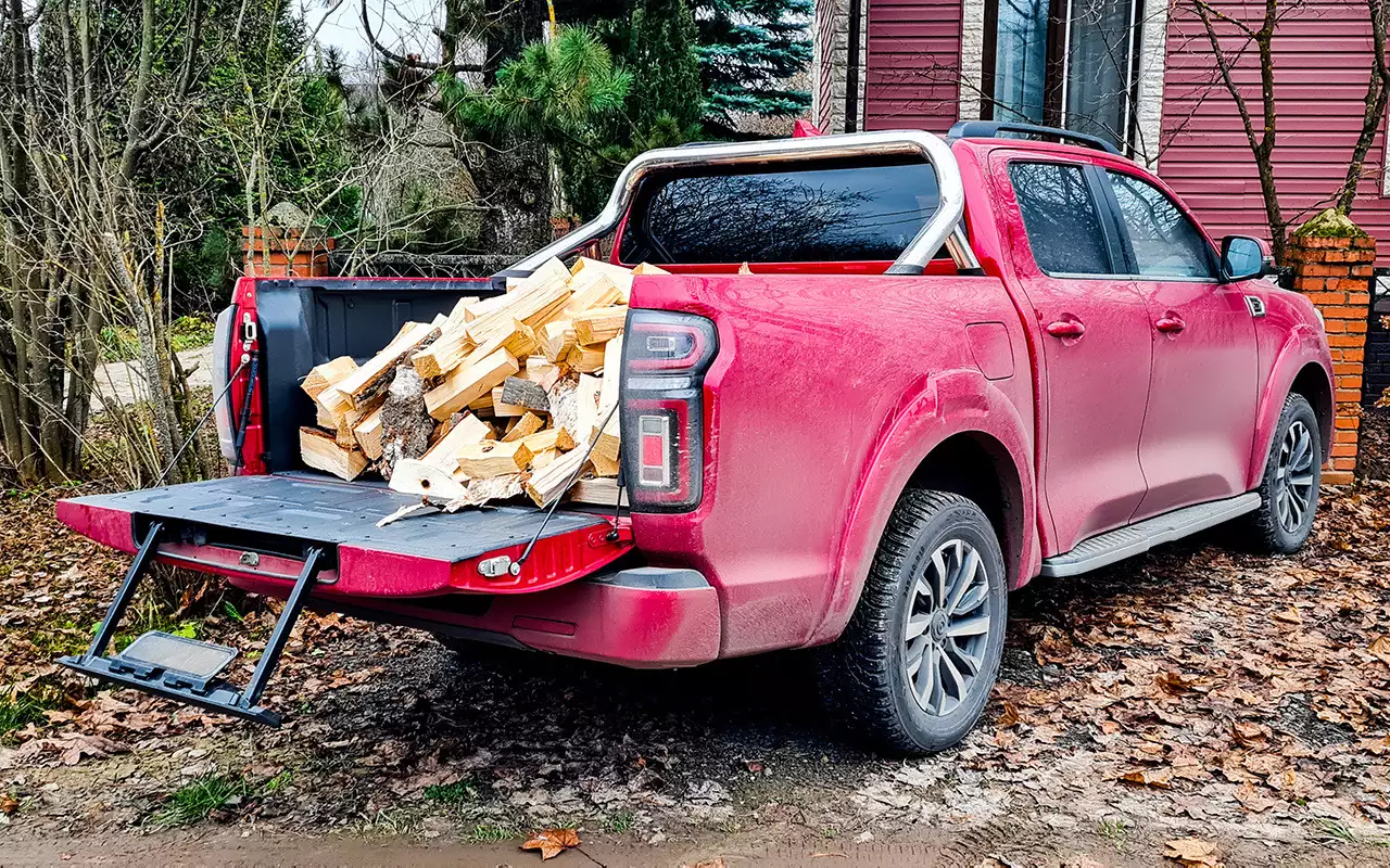 В начале зимы довелось использовать пикап по назначению. В кузов спокойно влезает больше кубометра дров. В торце откидного борта удобная подножка, а сам борт оснащен газовыми доводчиками.