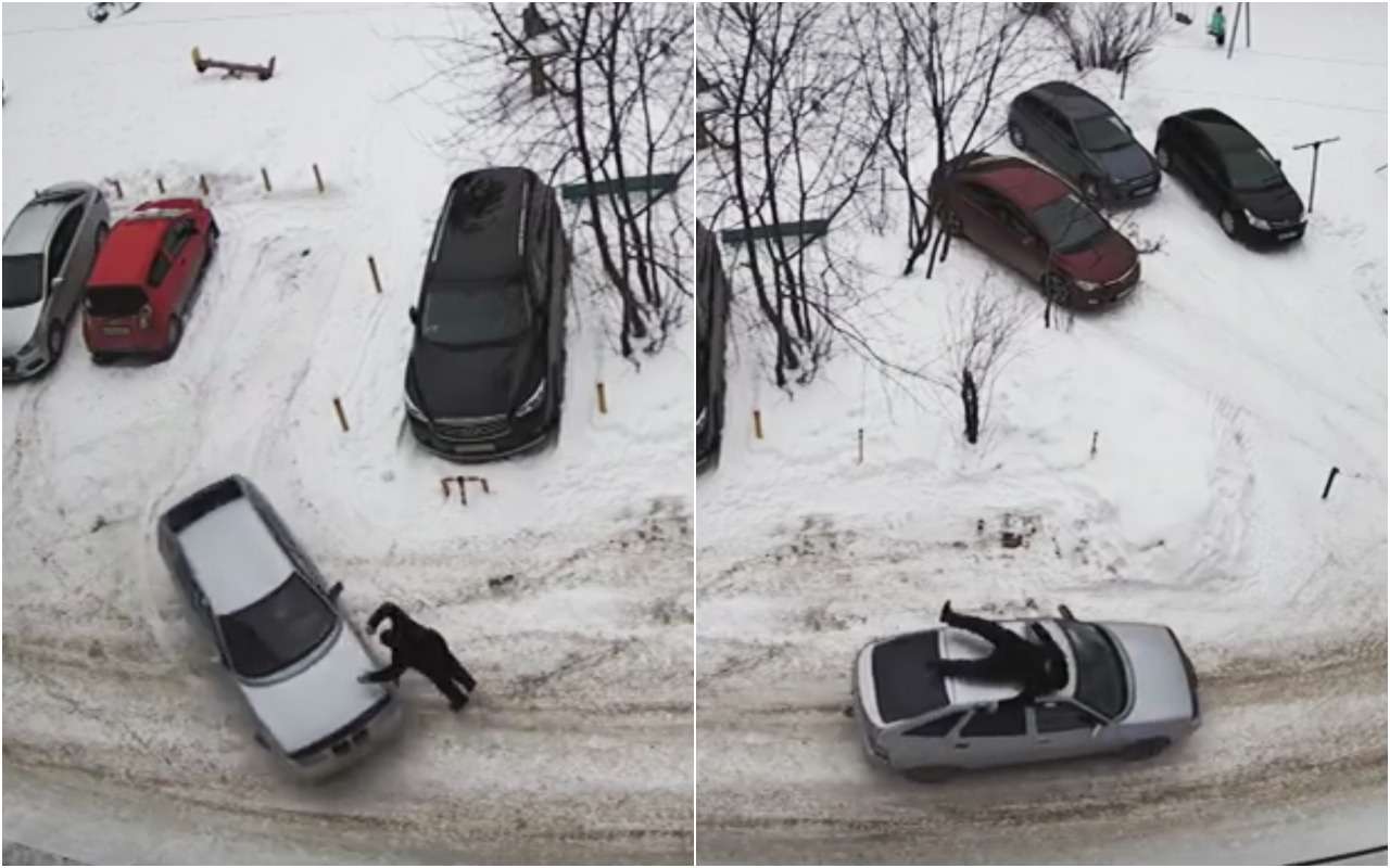 Неадекват или вымогатель? Пешеход на ходу запрыгнул на крышу автомобиля