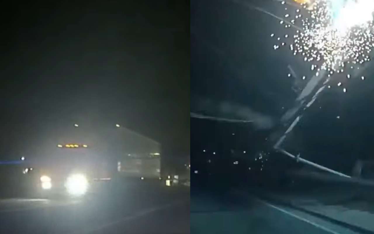 Фура на полном ходу влетает в оборванные ЛЭП (видео)