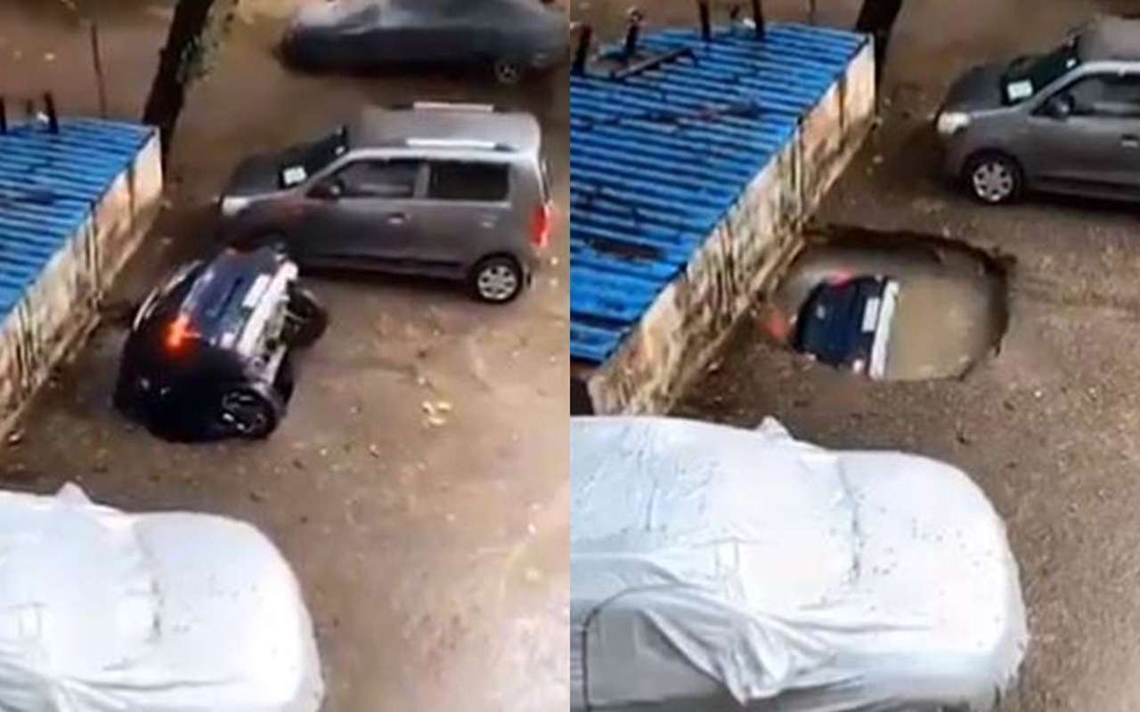 Припаркованный автомобиль нырнул в яму с водой и пропал