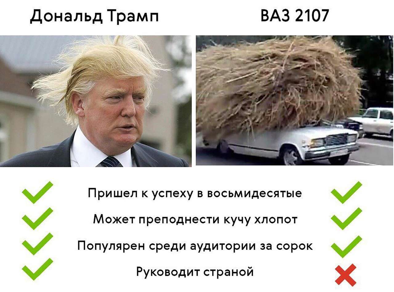 В Сети часто сравнивают функции двух продуктов, например iPhone и старой Nokia, где победителем обычно оказывается уже давно не производящийся товар. Здесь автор мема сравнил президента США с Жигулями.