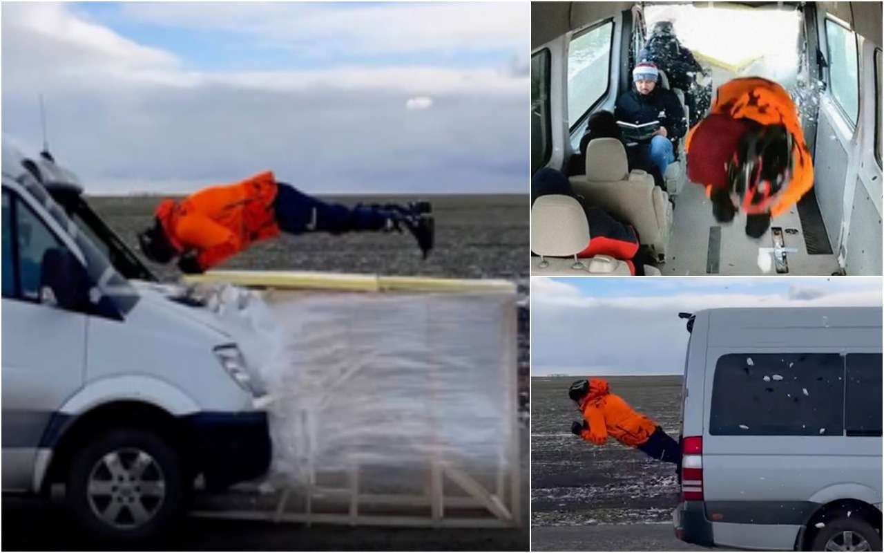 Каскадер пролетел сквозь автобус на скорости 80 км/ч