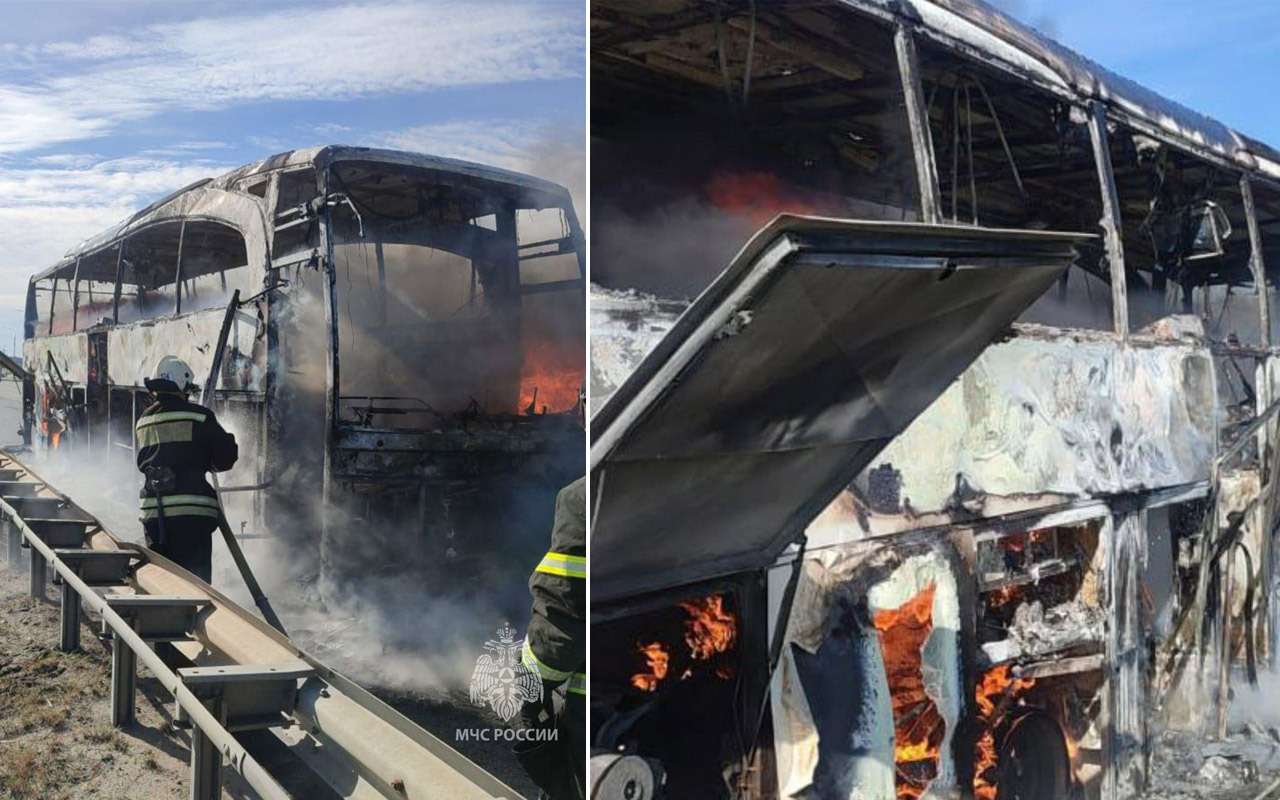 В Подмосковье дотла сгорел автобус, перевозивший туристов (видео)