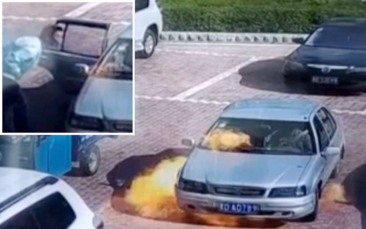 Китаец попытался задуть (!) горящий автомобиль