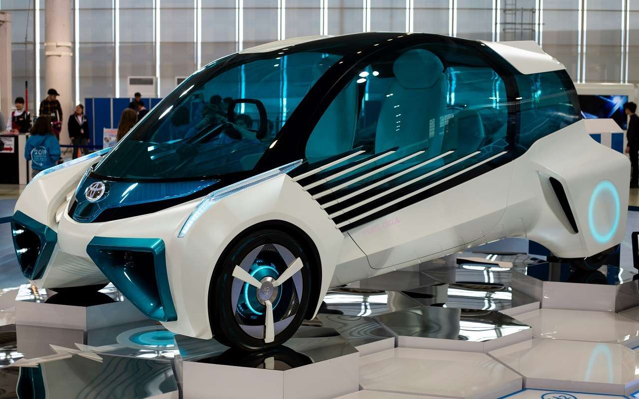 A Toyota hydrogen fuel cell concept vehicle on display at Megaweb Toyota City Showcase in Tokyo.