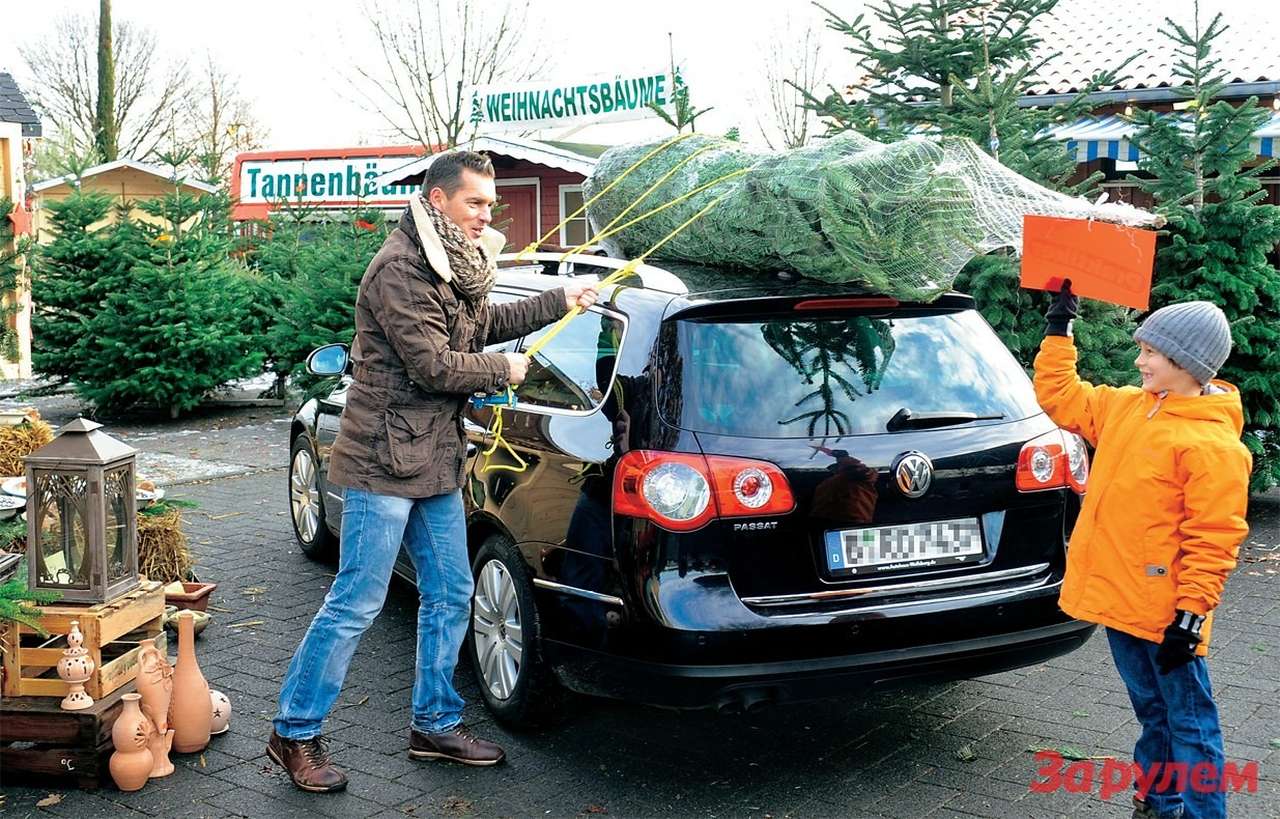 Так класть елку на крышу не стоит, если, конечно, не собираетесь по весне перекрашивать автомобиль. А вот насчет красной картонки мальчик прав!