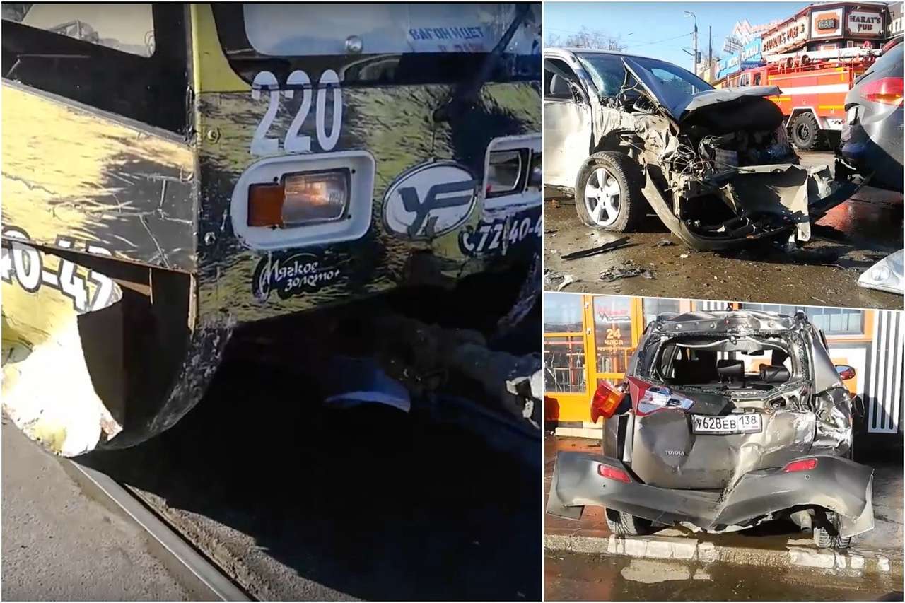 Бешеный трамвай протаранил девять автомобилей