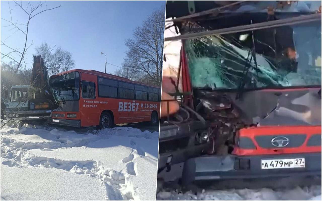 Автокран врезался в пассажирский автобус