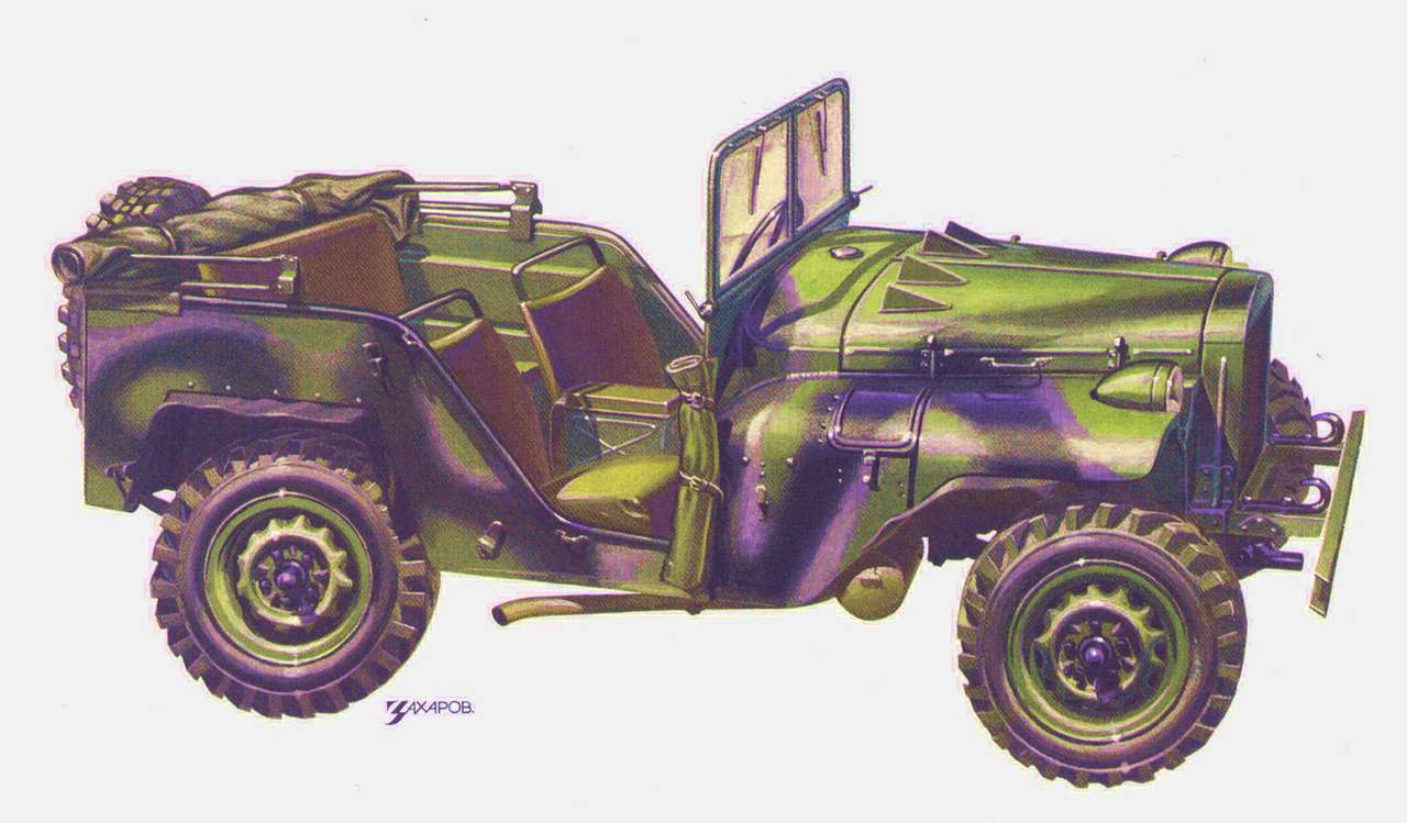  Вездеход ГАЗ-64. В период с 1941 по 1943 год выпущено 672 машины. Рисунок Александра Захарова для исторической серии журнала «За рулем»